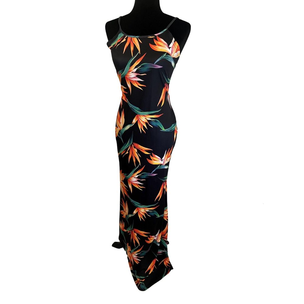 Beach Floral Cruise Backless Summer Evening Party Maxi Dress Black Flower Large
